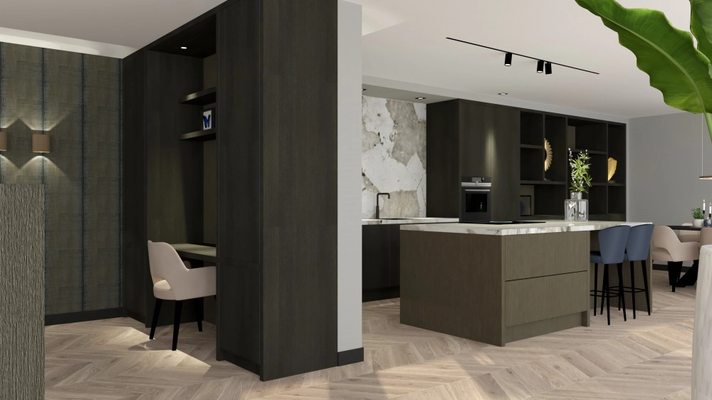 Chique penthouse Alphen aan den Rijn - Werkplek met donker hout en doorkijk naar keuken met tropische plant