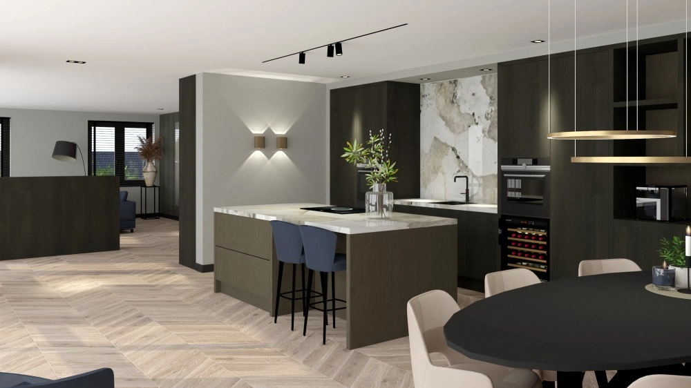 Chique penthouse Alphen aan den Rijn - Keuken met wijnkoeler, marmeren achterwand en gouden hanglamp boven eettafel