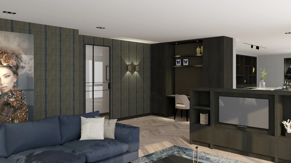 Chique penthouse Alphen aan den Rijn - Woonkamer met navy blauwe bank, gestreept behang en ingebouwde werkplek