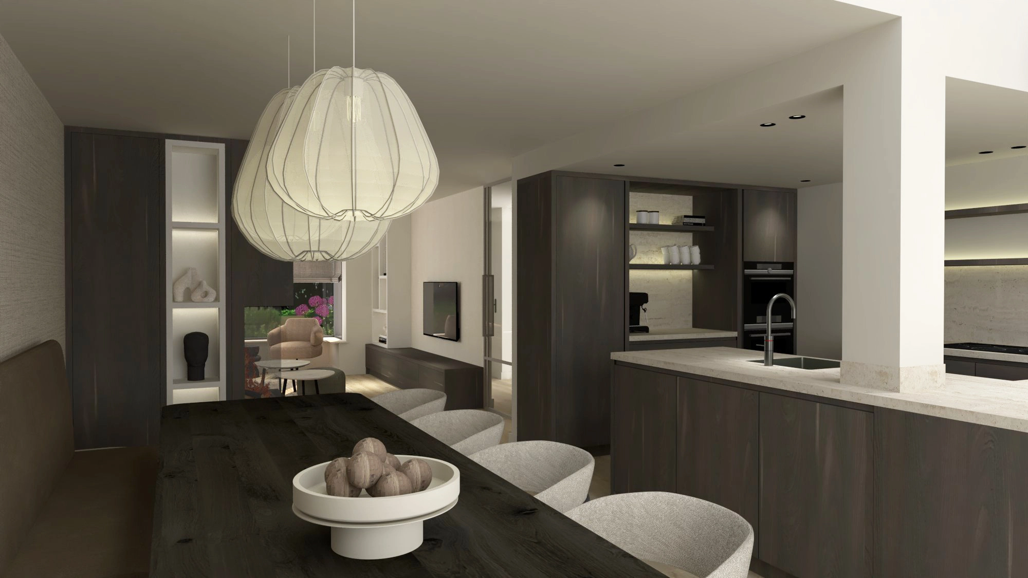 Fijn wonen Bilthoven - Open keuken met kookeiland en gebogen zitbank