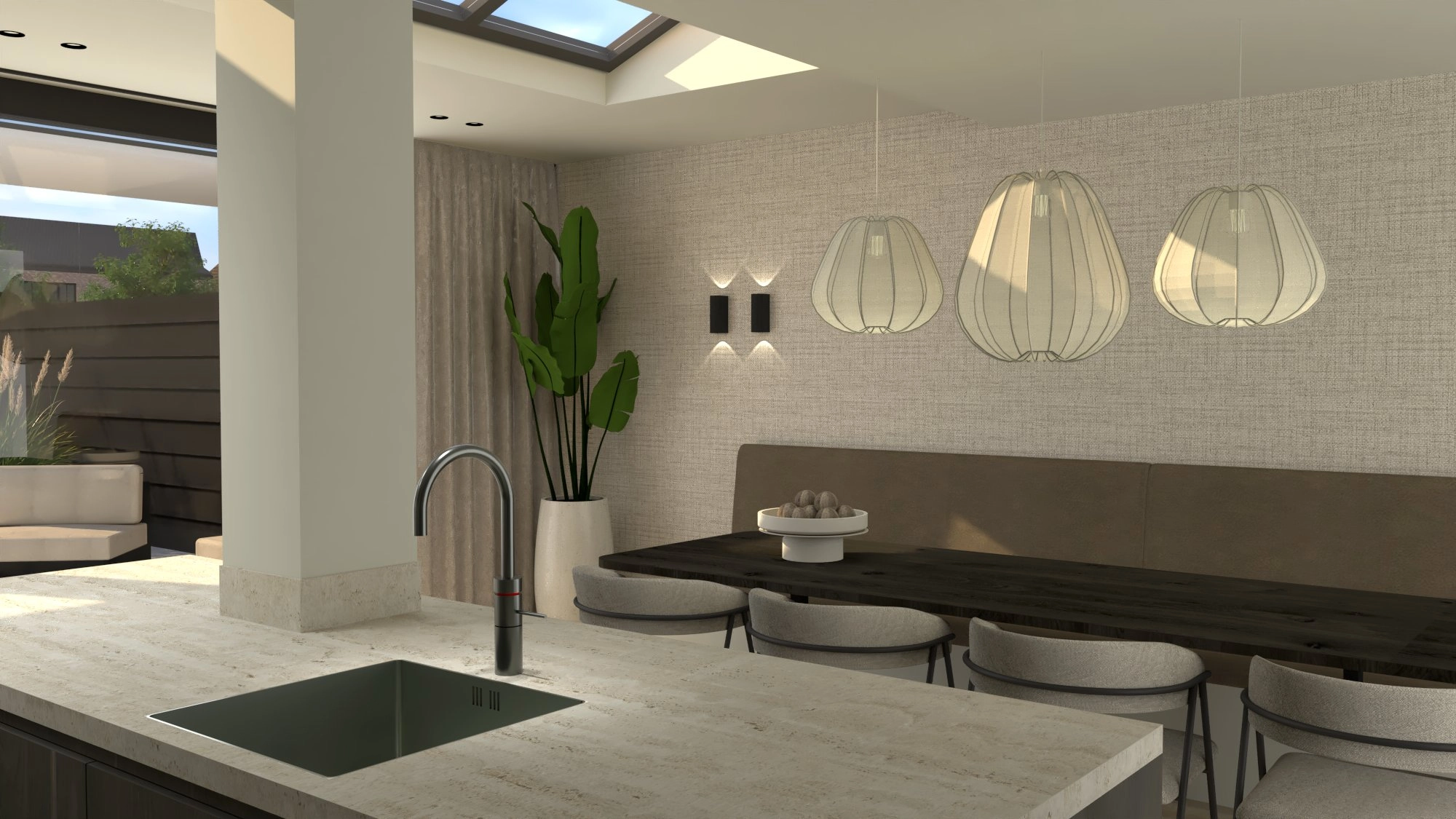 Fijn wonen Bilthoven - Eetruimte met dakraam en hangende lampen