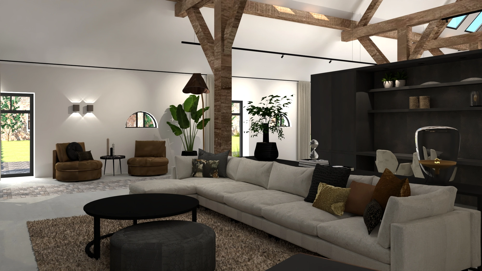 Koeienstal tot woonhuis Tholen - Woonkamer met beige bank en houten balken