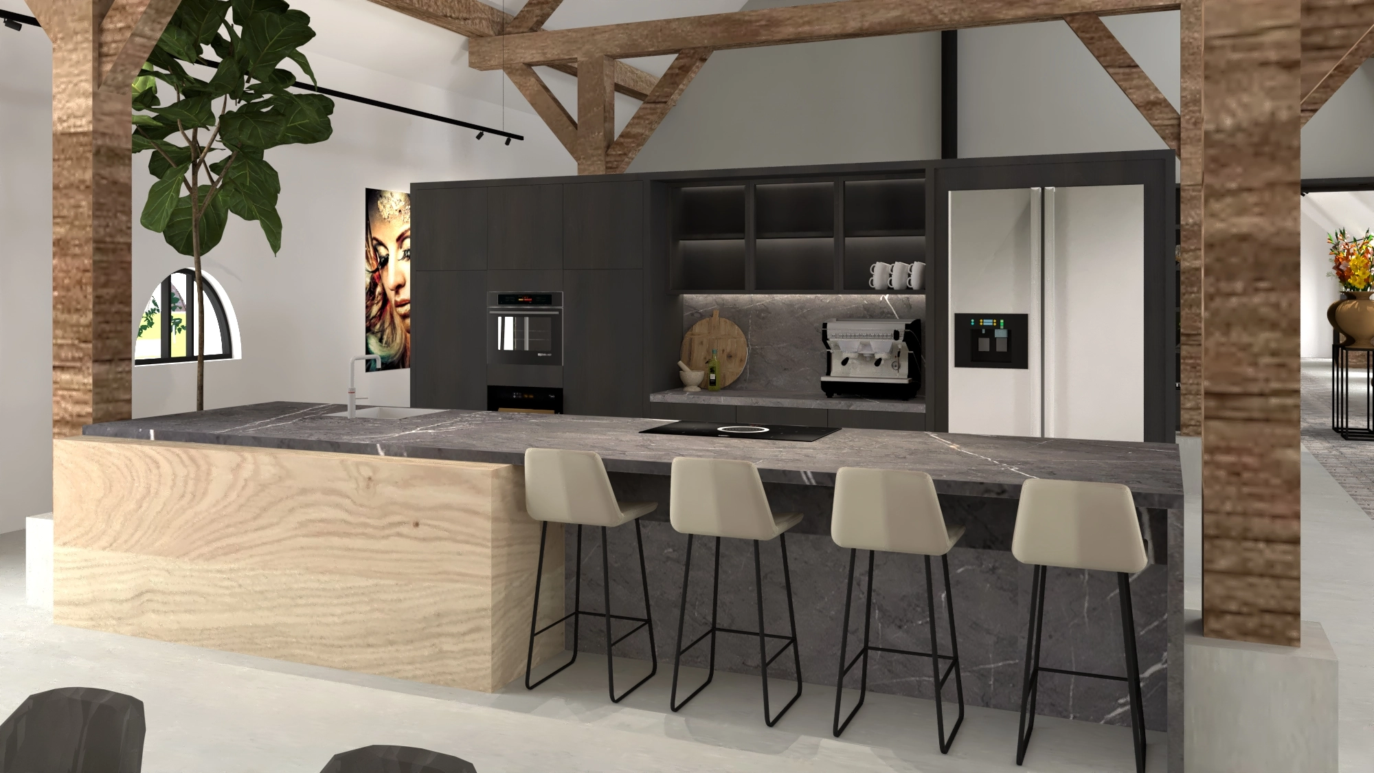 Koeienstal tot woonhuis Tholen - Keuken met grijs marmeren eiland en houten accent