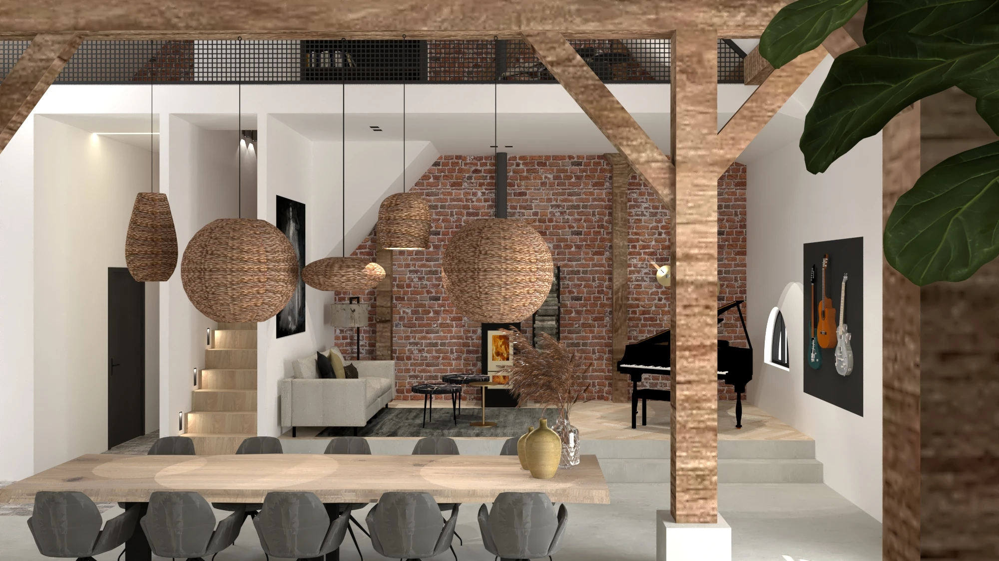 Koeienstal tot woonhuis Tholen - Open ruimte met mezzanine, piano en eethoek