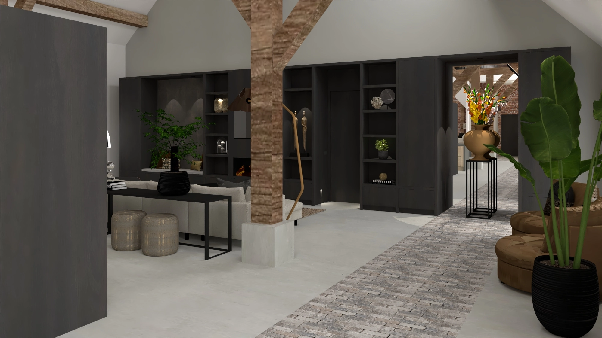 Koeienstal tot woonhuis Tholen - Woonruimte met donkere wandkast en decoratie