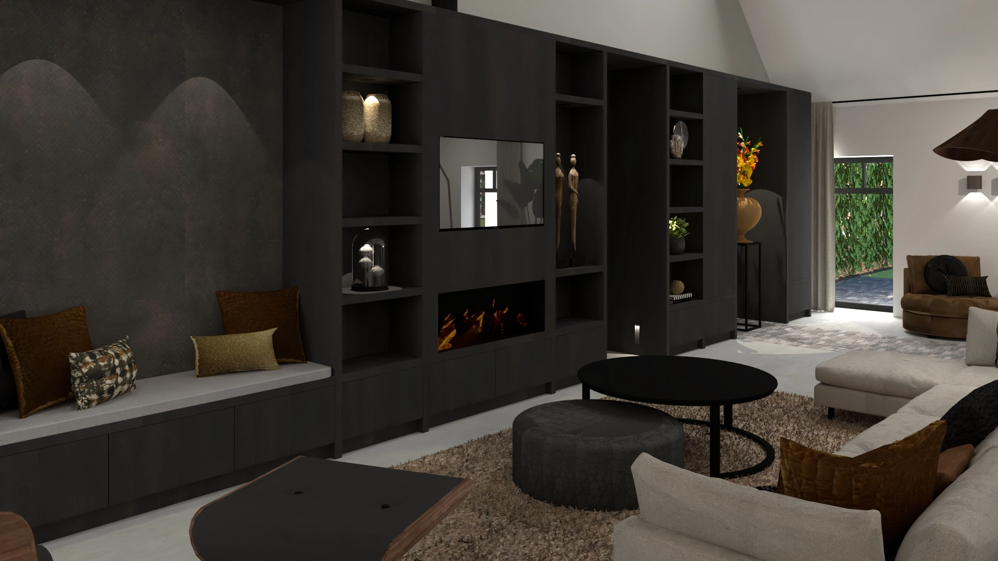 Koeienstal tot woonhuis Tholen - Zithoek met TV-wand, haard en wandkast