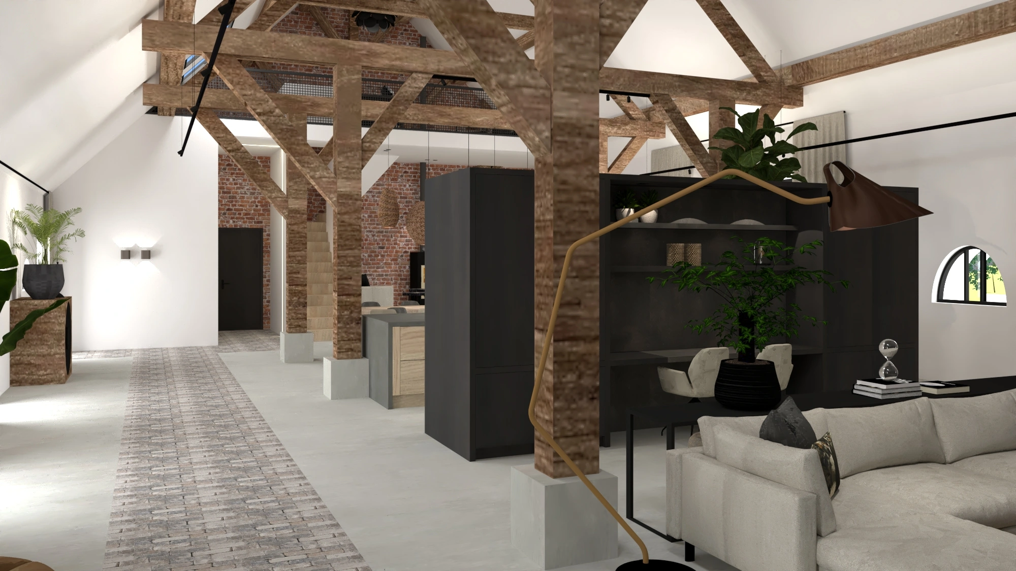 Koeienstal tot woonhuis Tholen - Open ruimte met houten balken en werkplek