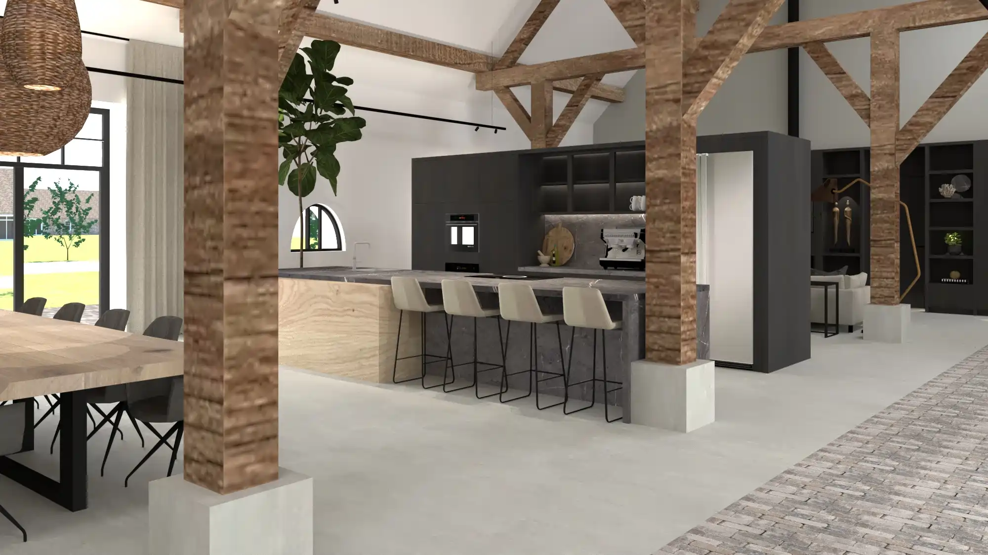 Koeienstal tot woonhuis Tholen - Keuken vanaf eethoek met barstoelen