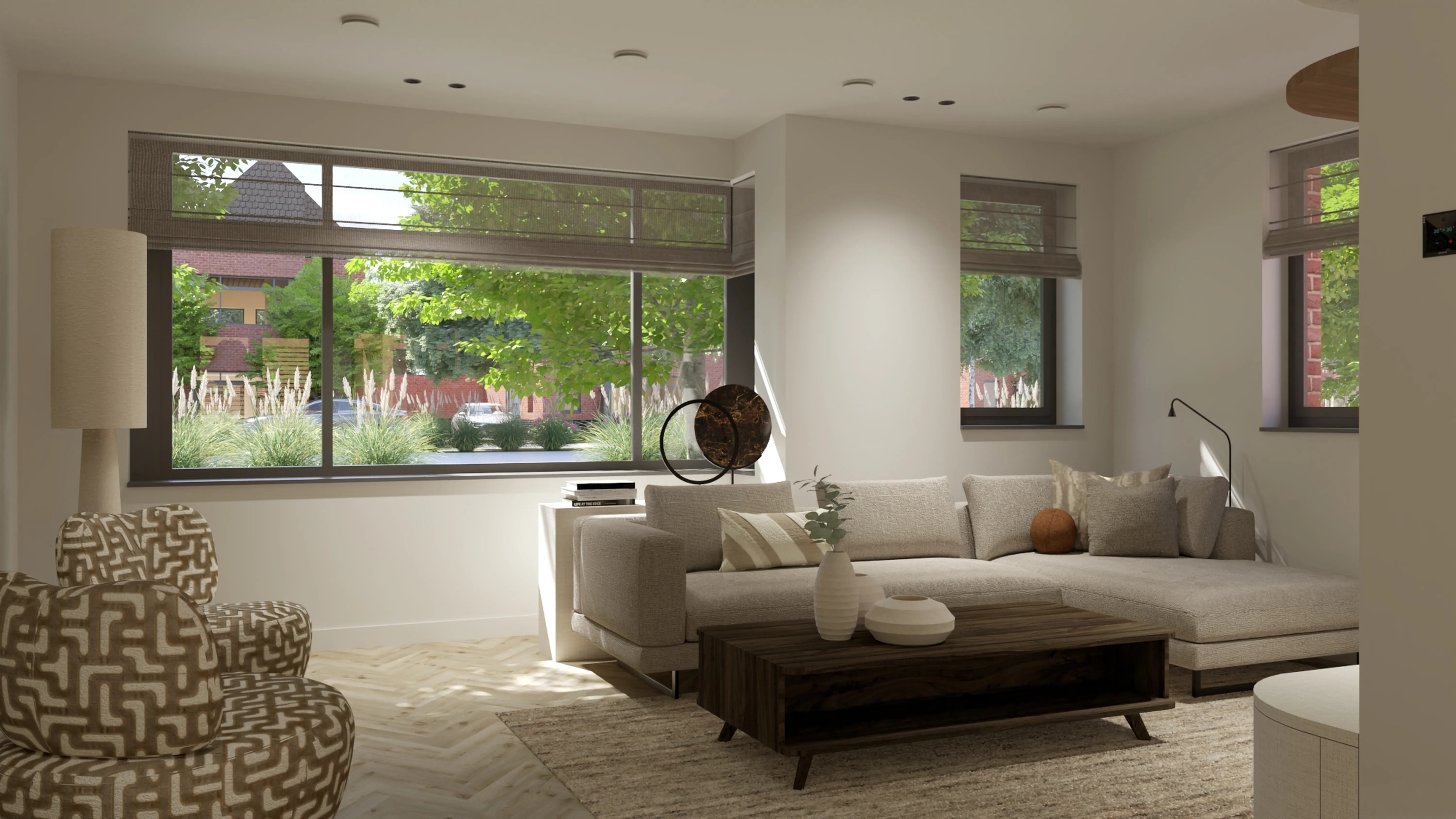 Nieuwbouwwoning Berkel en Rodenrijs - Lichte woonkamer met beige L-vormige bank, grafische fauteuils en tuinzicht