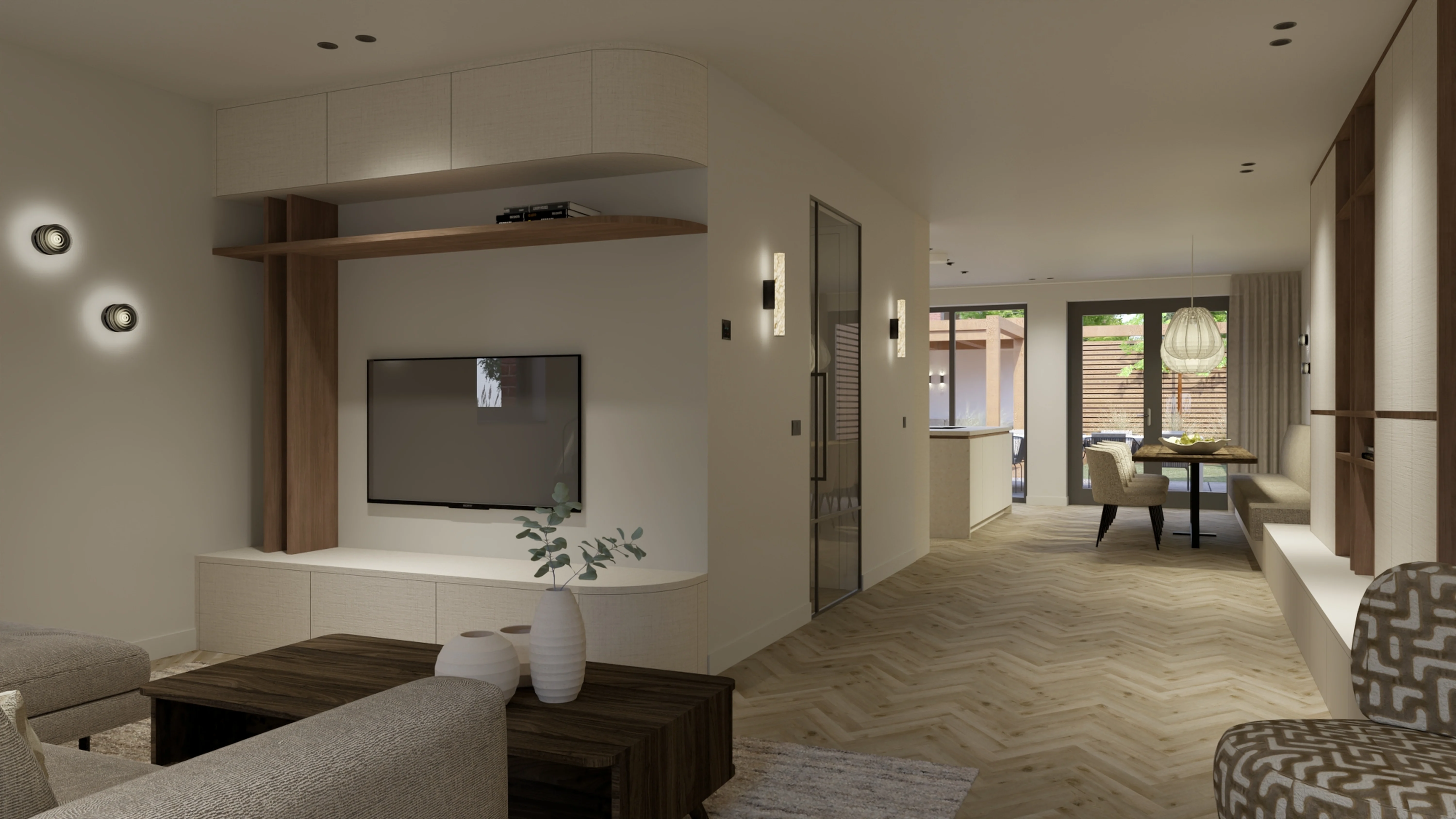 Nieuwbouwwoning Berkel en Rodenrijs - Open woonkamer met TV-meubel, houten accenten en doorkijk naar eetruimte