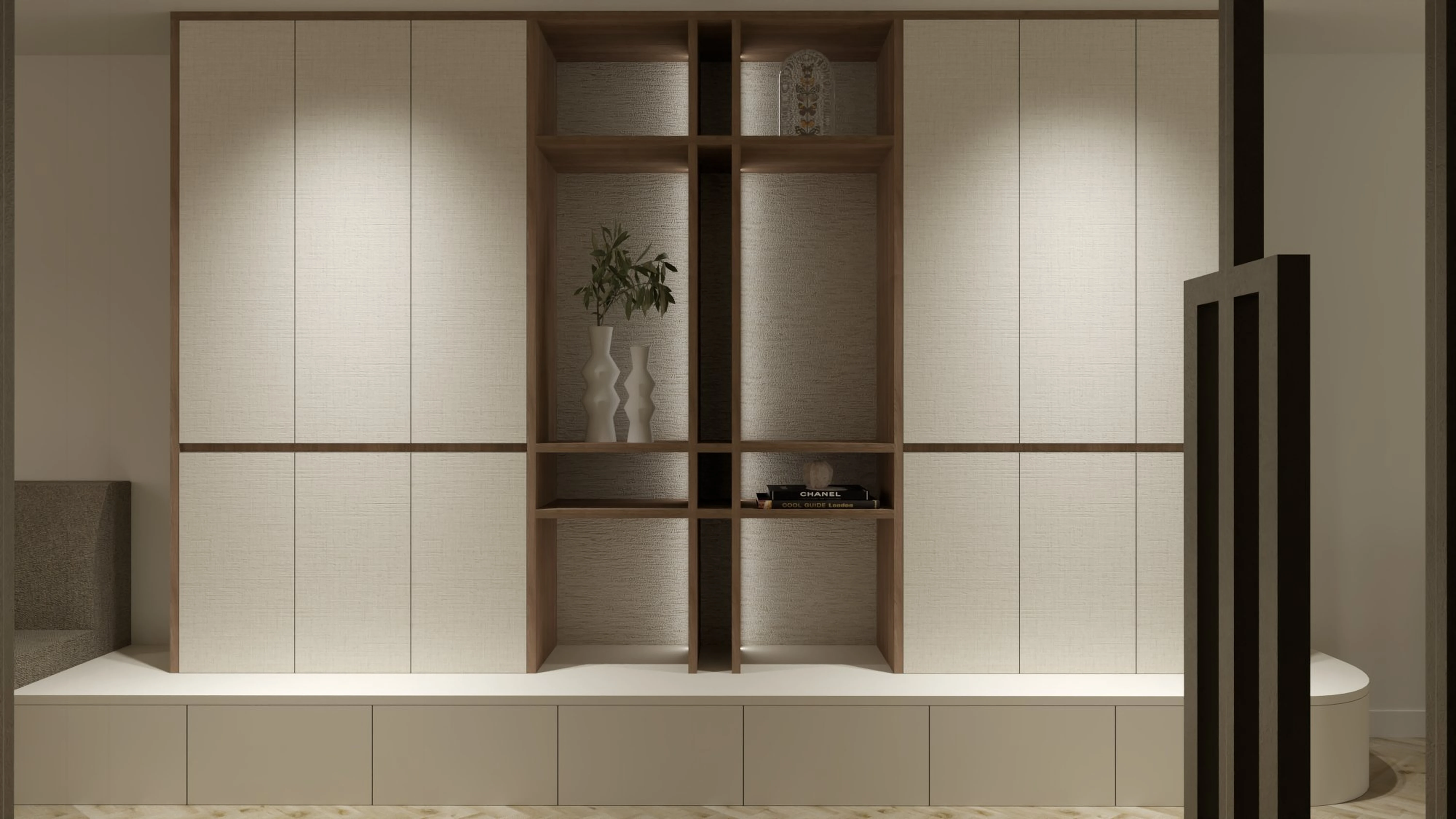 Nieuwbouwwoning Berkel en Rodenrijs - Ingebouwde wandkast met textiel panelen, houten open vakken en sfeerverlichting