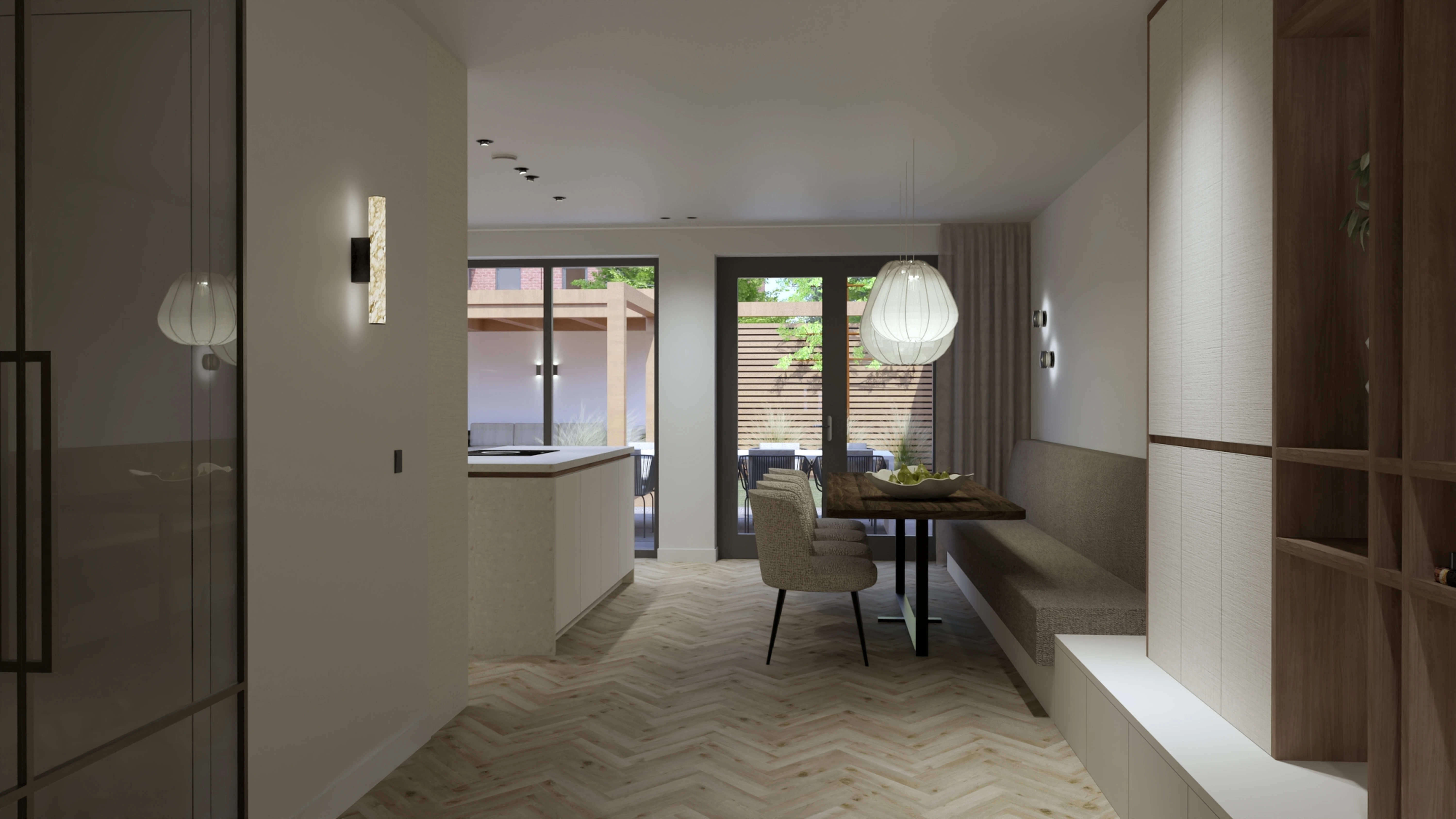 Nieuwbouwwoning Berkel en Rodenrijs - Hal met eetruimte, witte hanglampen en visgraat vloer naar buitenruimte