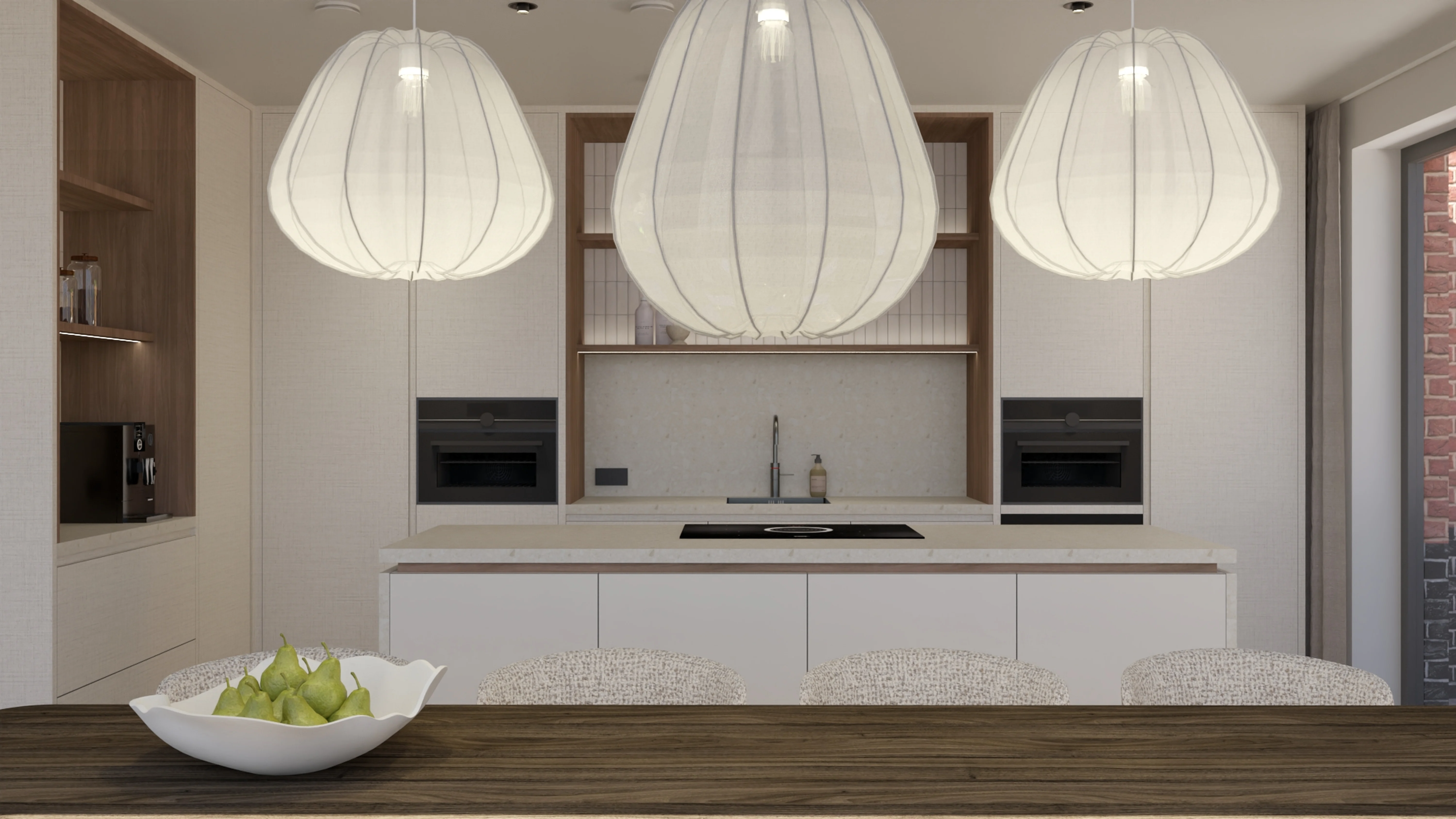 Nieuwbouwwoning Berkel en Rodenrijs - Keuken met drie grote hanglampen, witte kookeiland en houten eettafel