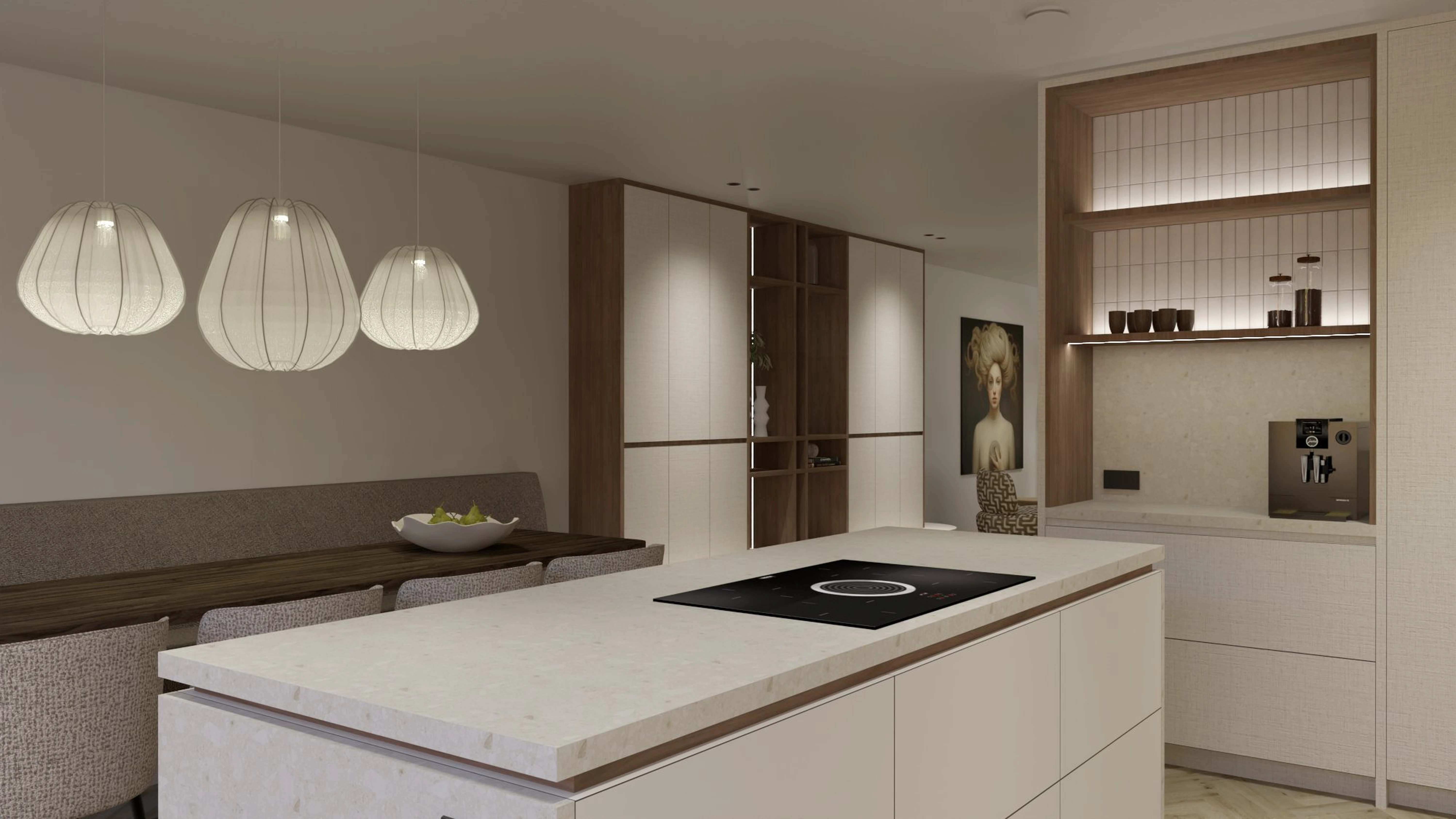 Nieuwbouwwoning Berkel en Rodenrijs - Kookeiland met inductiekookplaat, koffiehoek en opbergwand