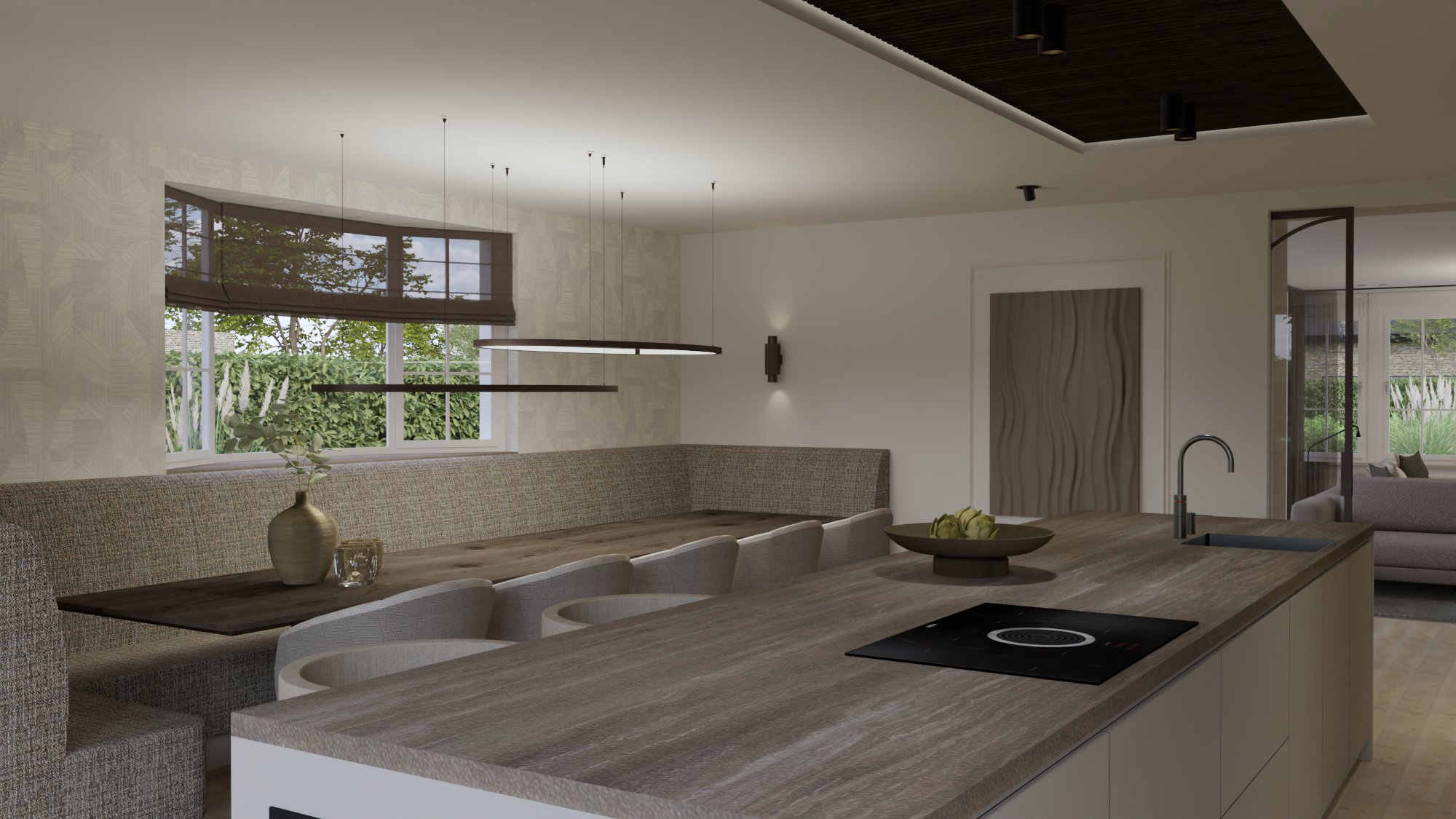 Modern kitchen interior featuring Studio MBC custom lighting design with elegant oval pendant lamps