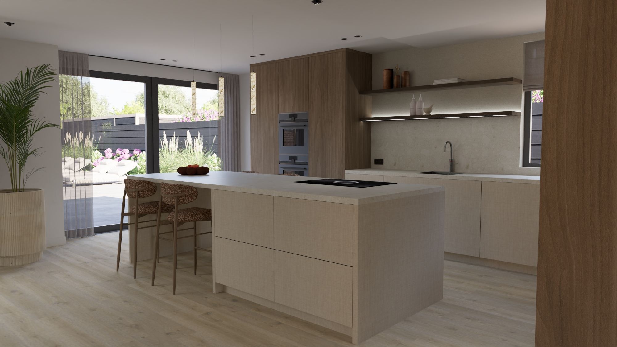 Eigentijdse villa Reeuwijk - Keuken met licht eiland, houten kastenwand en tuinzicht