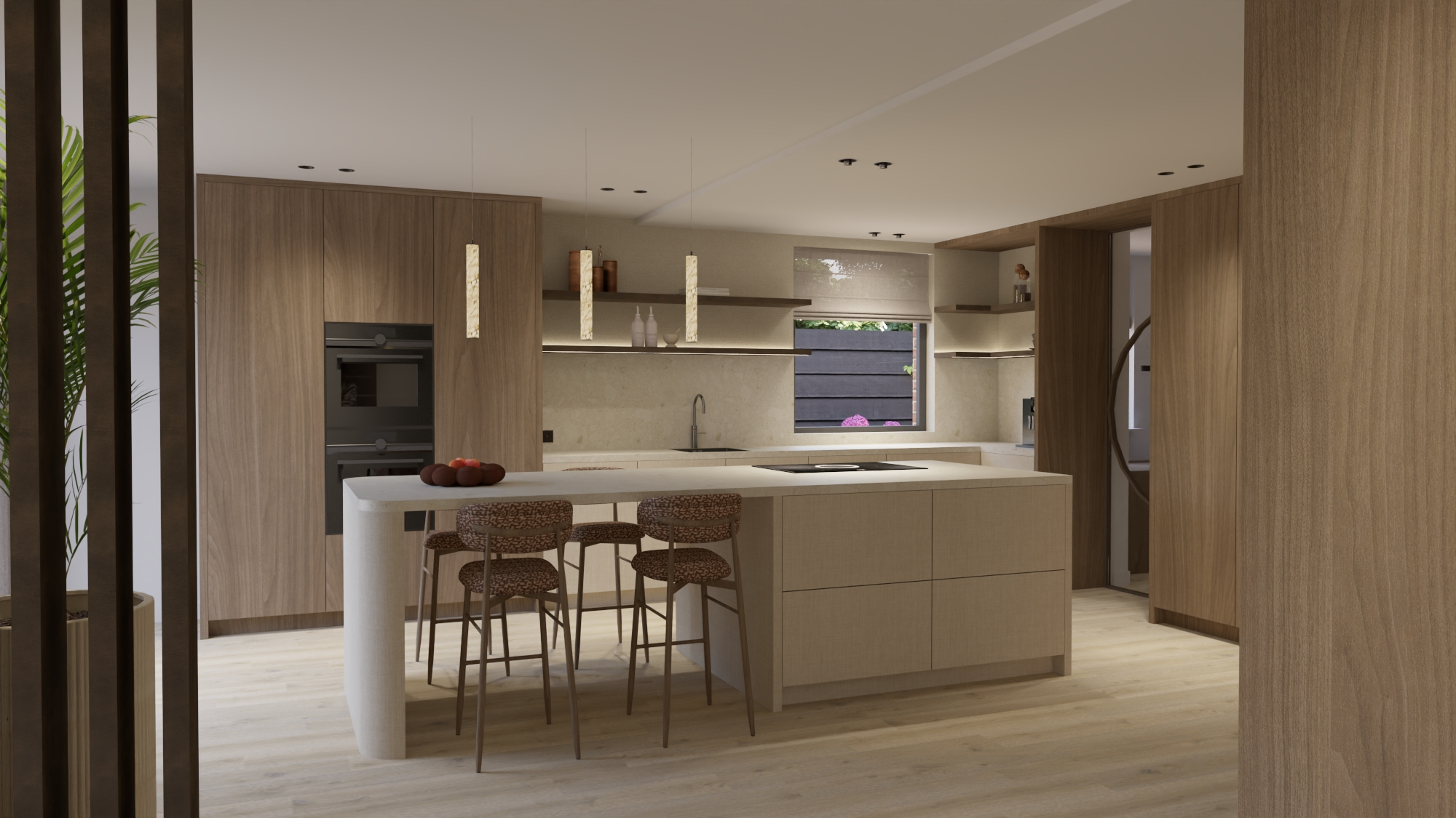 Eigentijdse villa Reeuwijk - Keuken met gebogen eiland, houten kasten en hanglampen