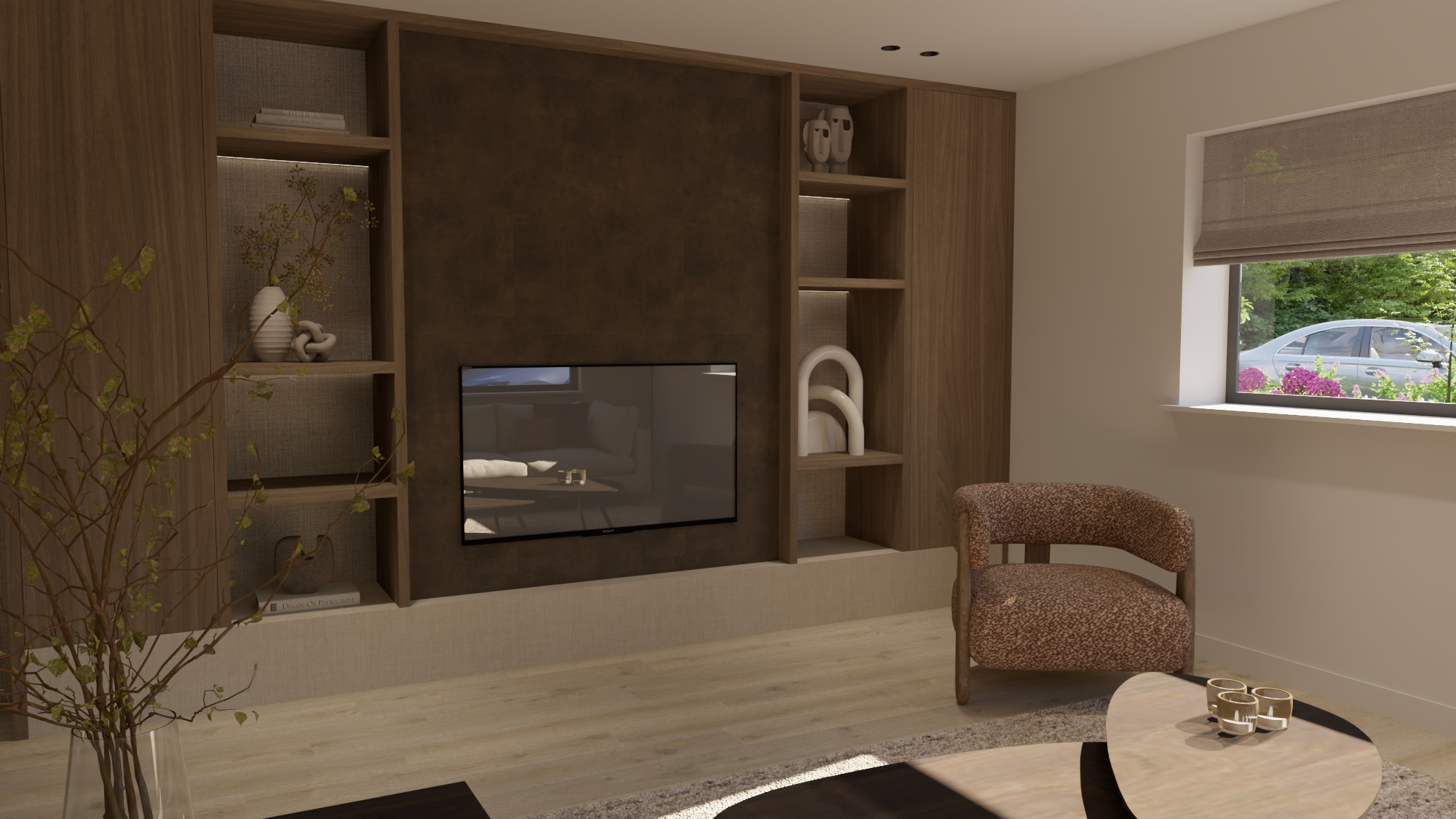 Eigentijdse villa Reeuwijk - Zithoek met maatwerk wandkast en stoffen fauteuil