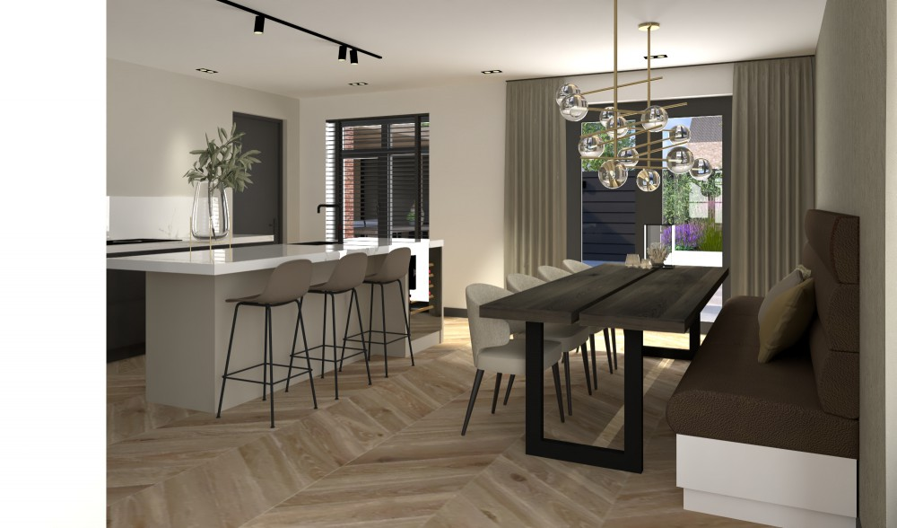 Luxe en leefbare villa Sassenheim - Open keuken en eetruimte met glazen kroonluchter