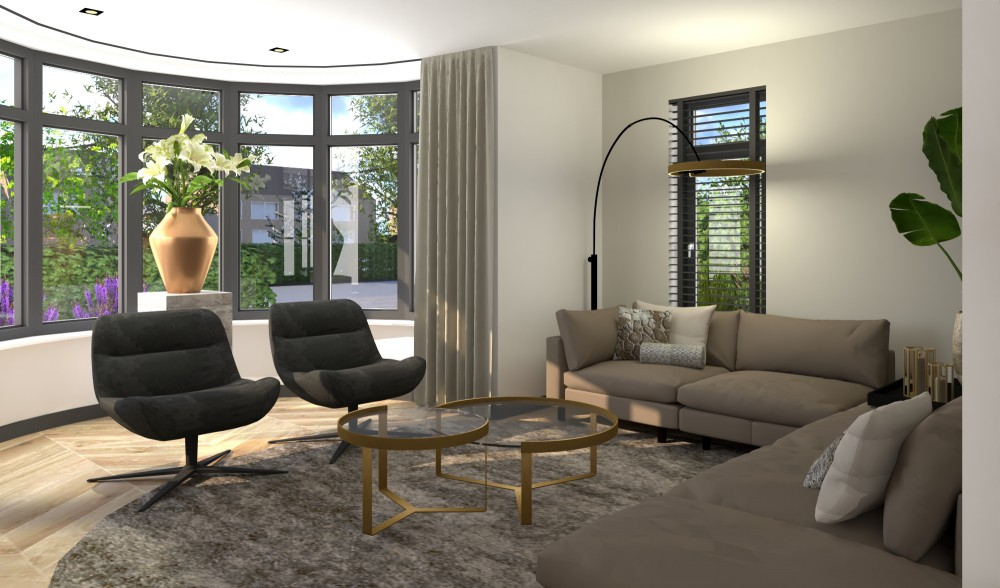 Luxe en leefbare villa Sassenheim - Woonkamer met gebogen erker en tuinzicht