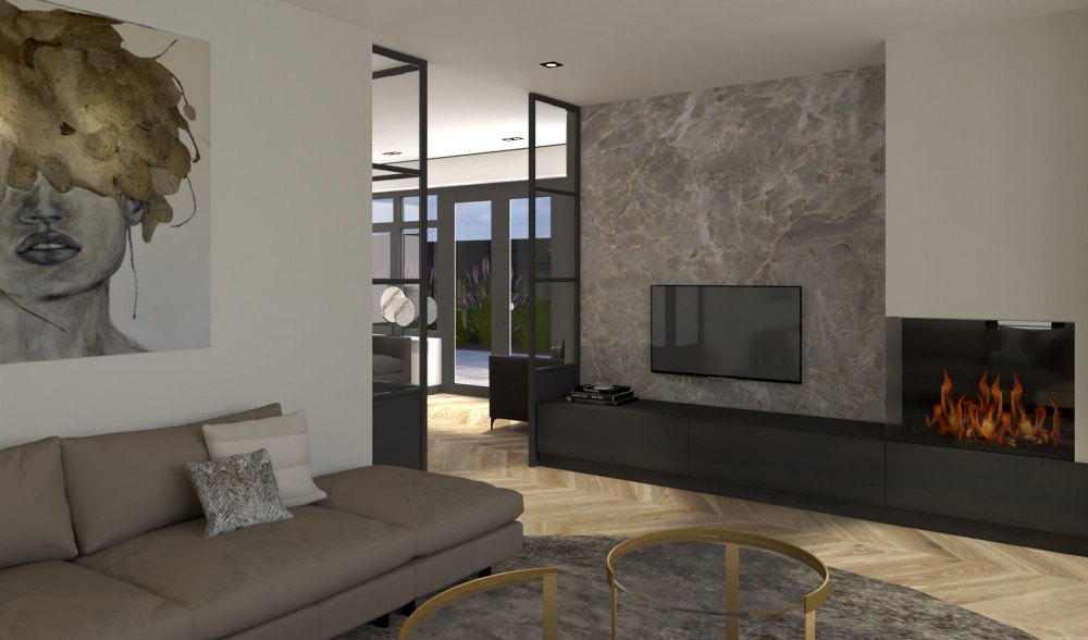 Luxe en leefbare villa Sassenheim - Woonkamer met marmeren accent muur en elektrische haard