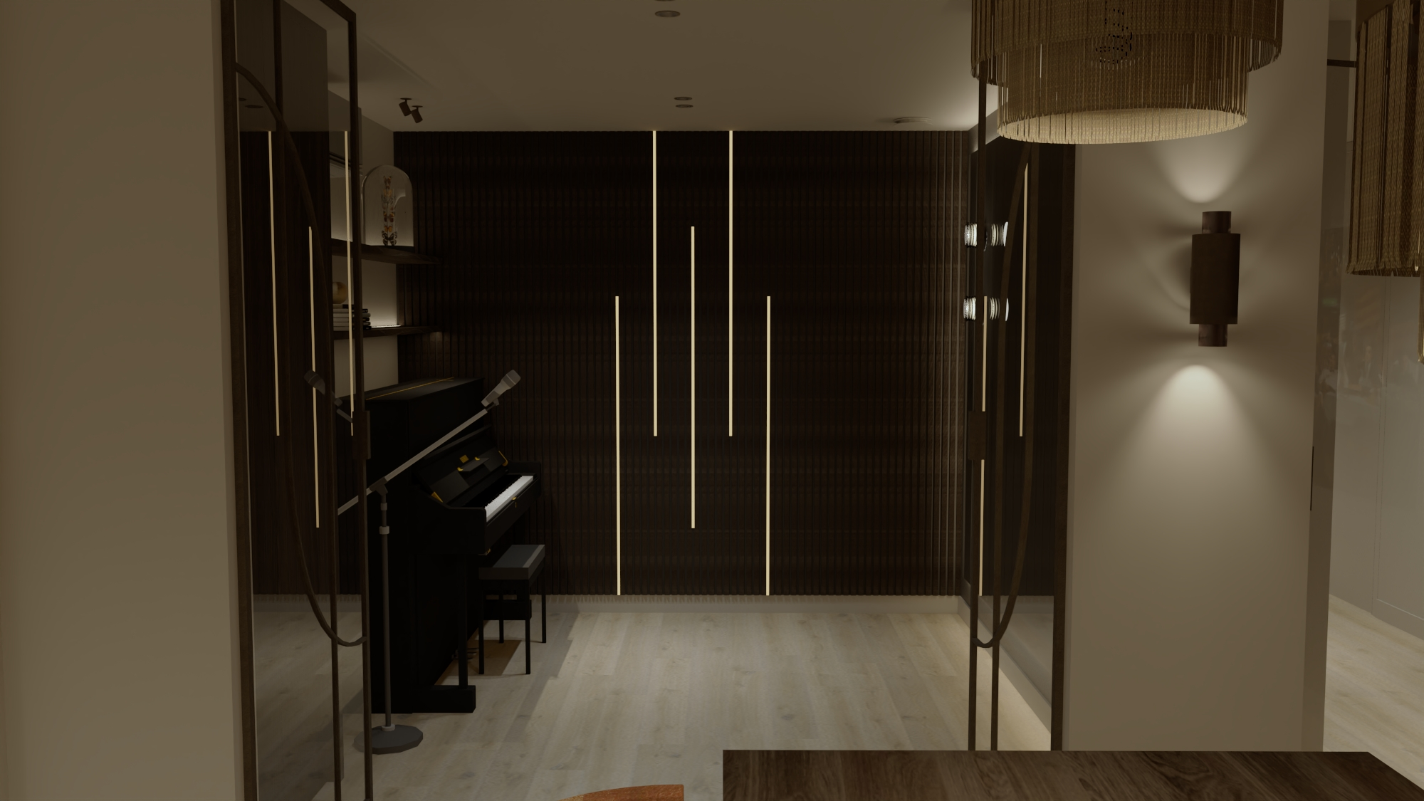 Villa met karakter De Kwakel - Muziekruimte met piano en verticale lichtlijnen