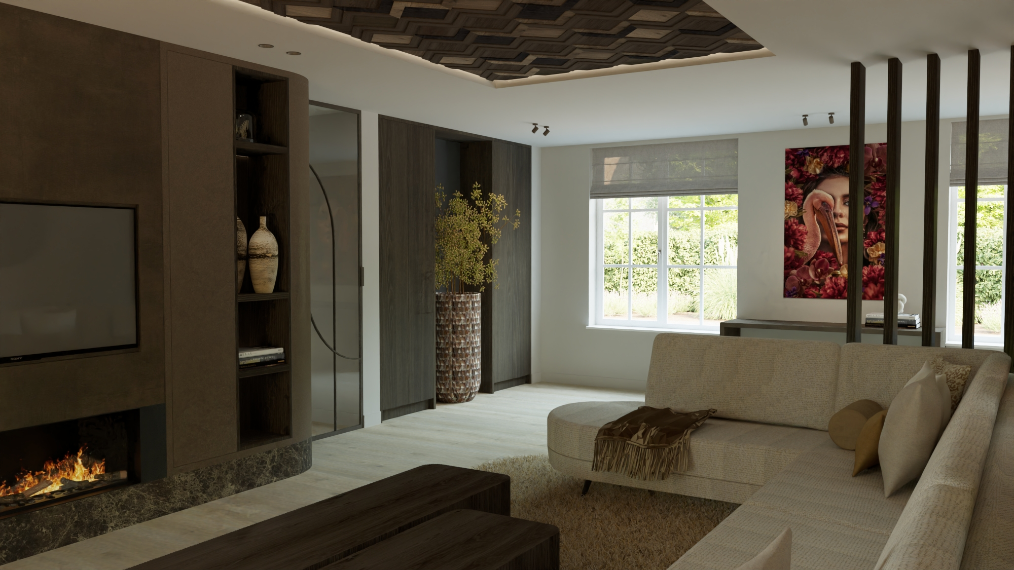 Villa met karakter De Kwakel - Living met haardwand, ronde bank en kunstwerk