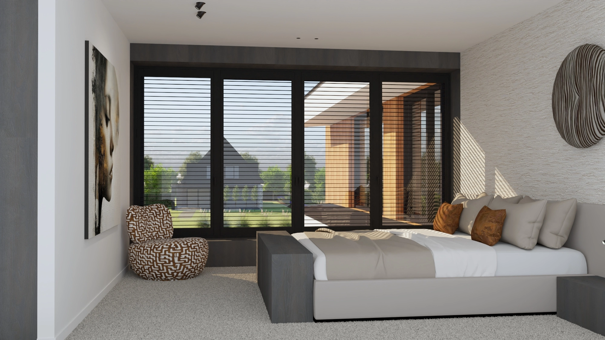 Riante woonvilla Krimpen aan den IJssel - Slaapkamer met grote zwart omkaderde ramen, bed met koperen kussens en terras