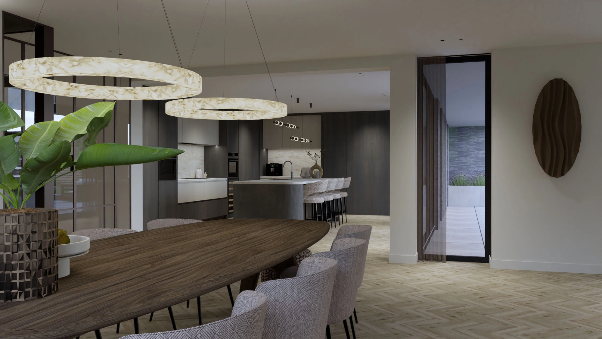 Riante woonvilla Krimpen aan den IJssel - Open eetruimte en keuken met grote statement hanglampen van marmer