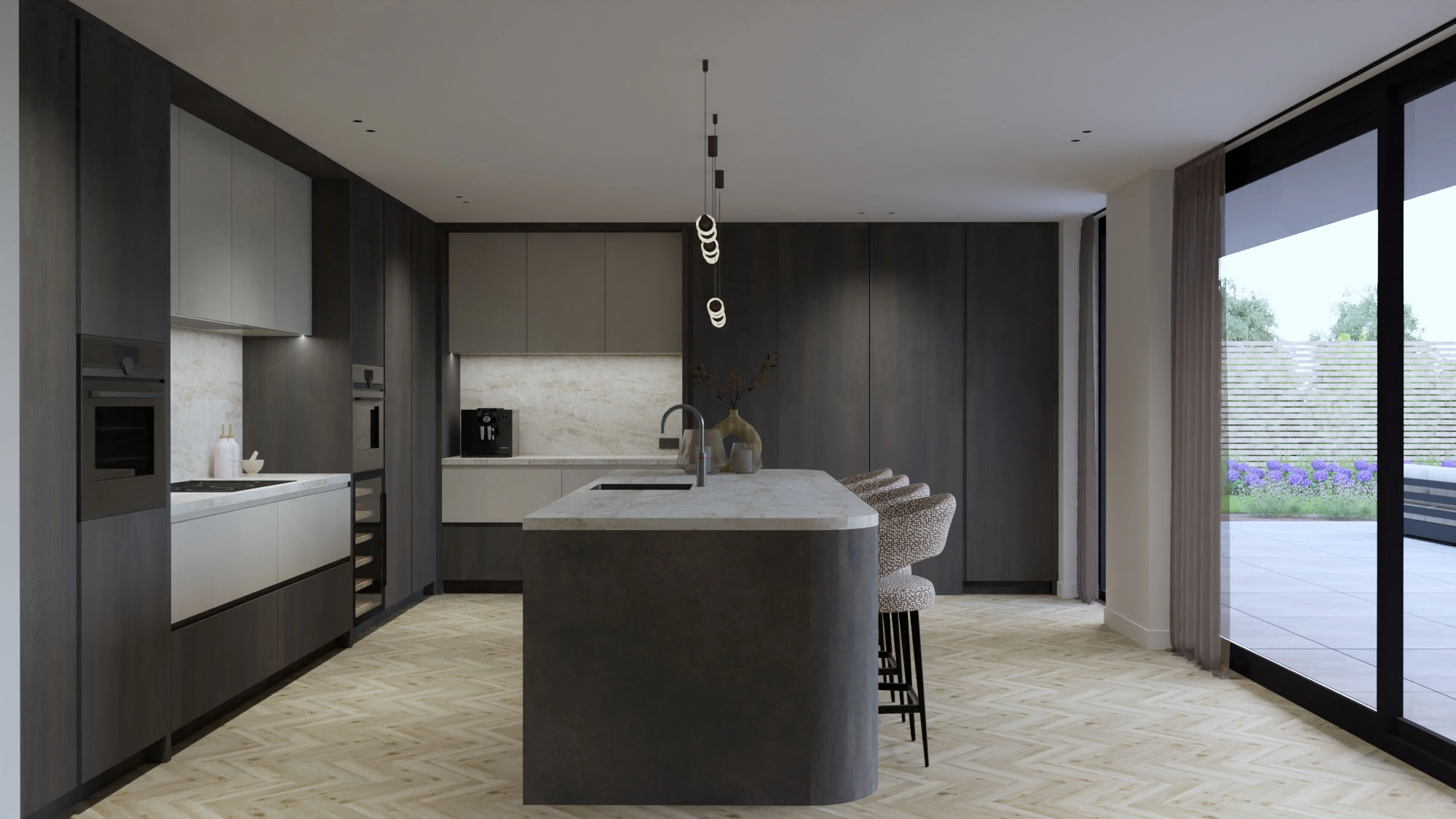 Riante woonvilla Krimpen aan den IJssel - Moderne keuken met donker grijs eiland, marmer werkblad en tuinzicht