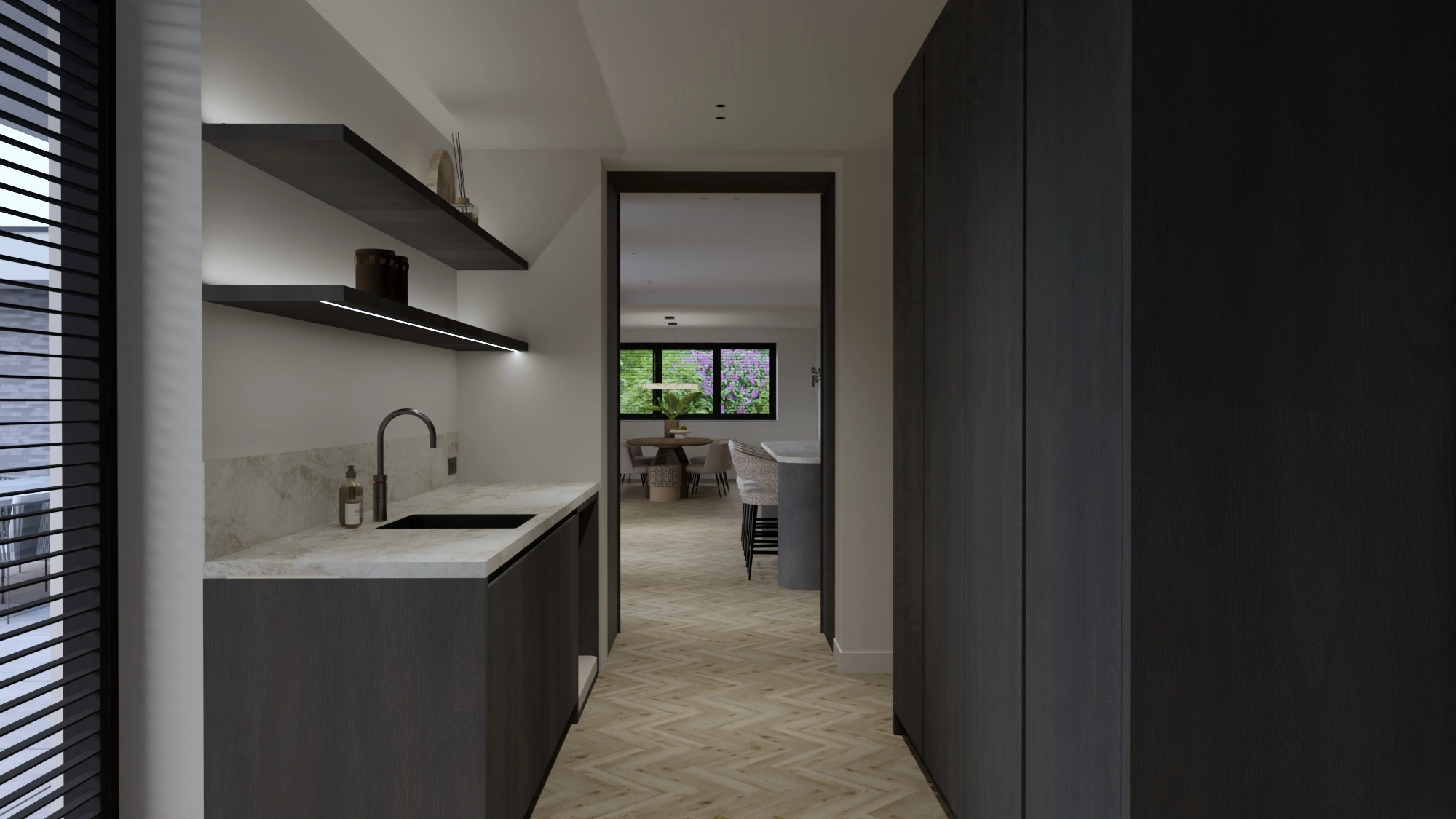 Riante woonvilla Krimpen aan den IJssel - Bijkeuken met zwevende planken, marmer achterwand en doorkijk naar eetruimte