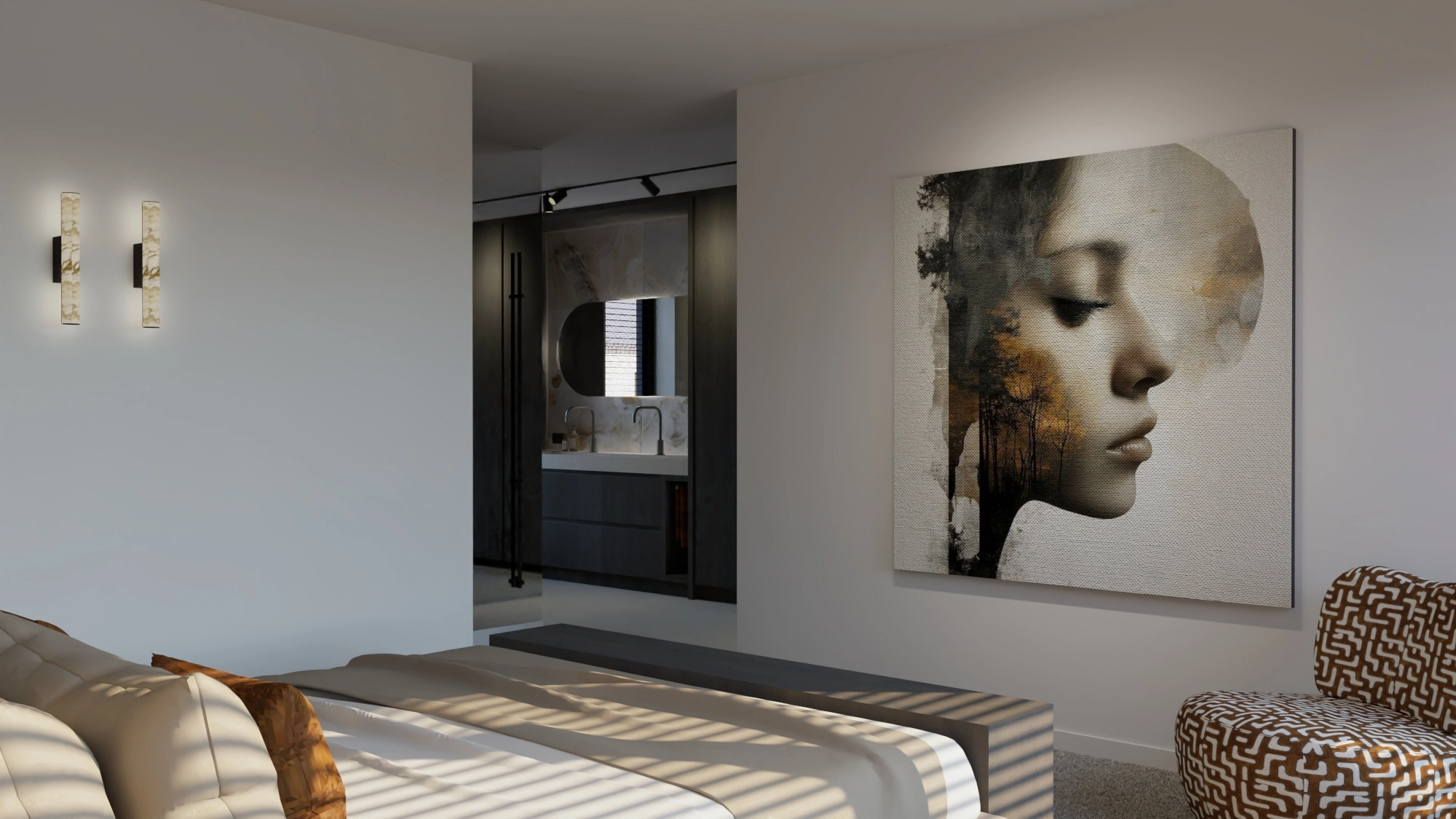 Riante woonvilla Krimpen aan den IJssel - Master bedroom met ensuite badkamer, groot portret kunstwerk en wandlampen