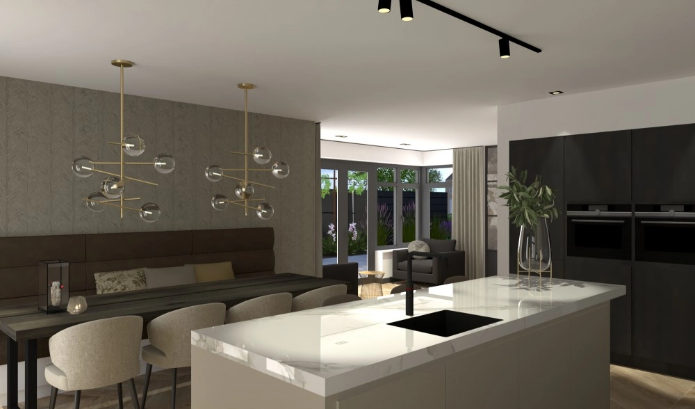 Luxe en leefbare villa Sassenheim - Open keuken met wit marmeren eiland en gouden kroonluchters