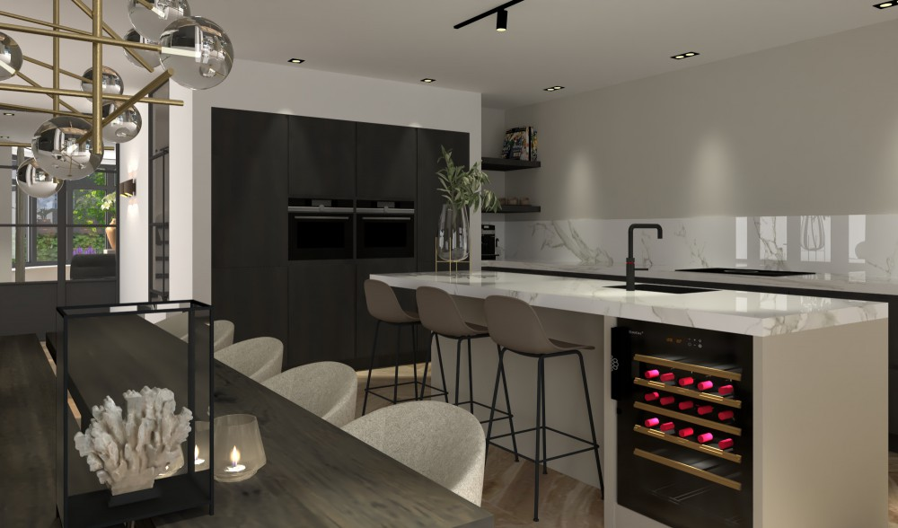 Luxe en leefbare villa Sassenheim - Moderne keuken met marmeren eiland, wine cooler en zwarte inbouwapparatuur