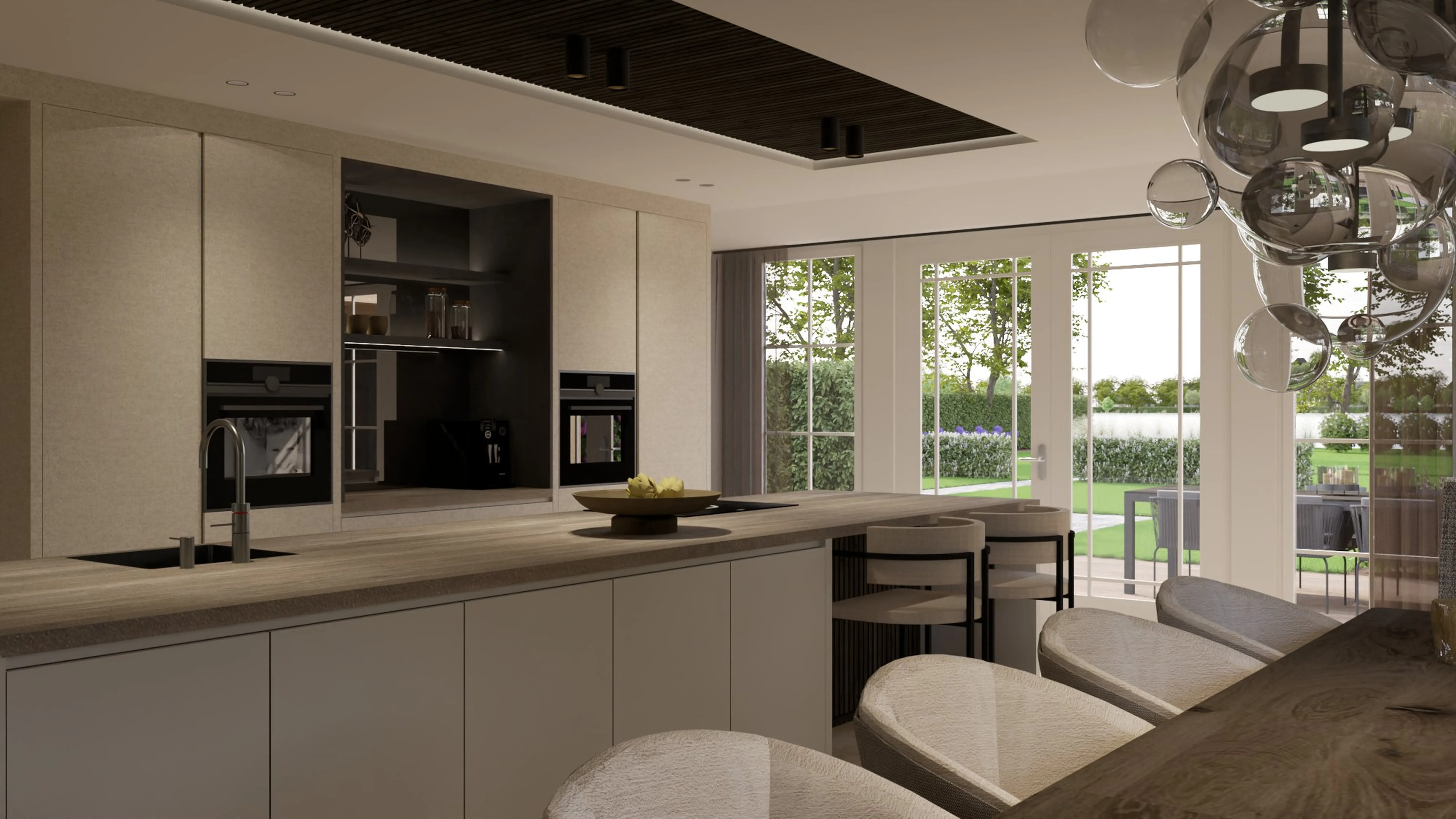 Stijlvolle Villa Reeuwijk - Keuken met glazen hanglampen en eetgedeelte