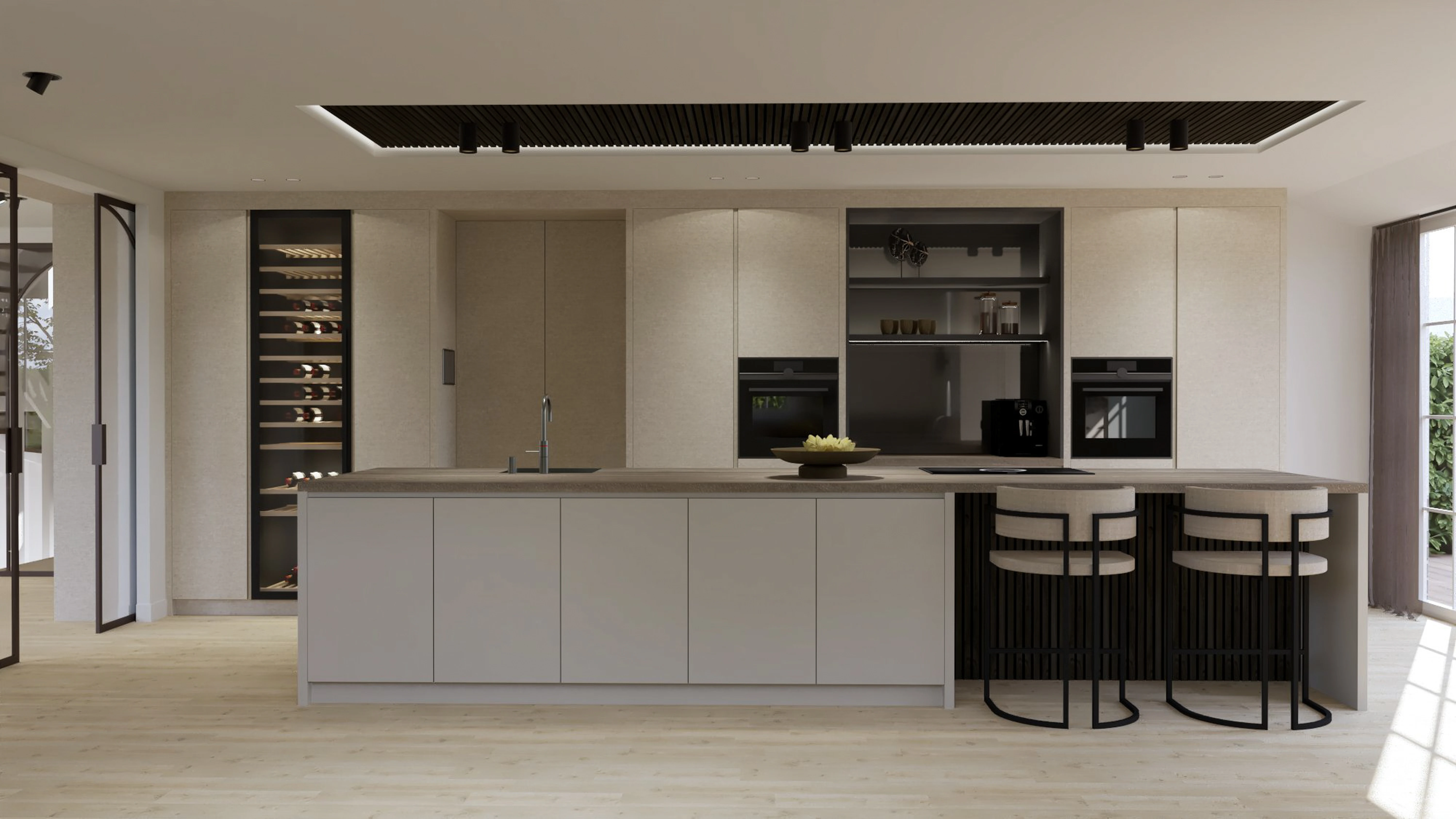 Stijlvolle Villa Reeuwijk - Moderne keuken met wijnklimaatkast en barstoelen