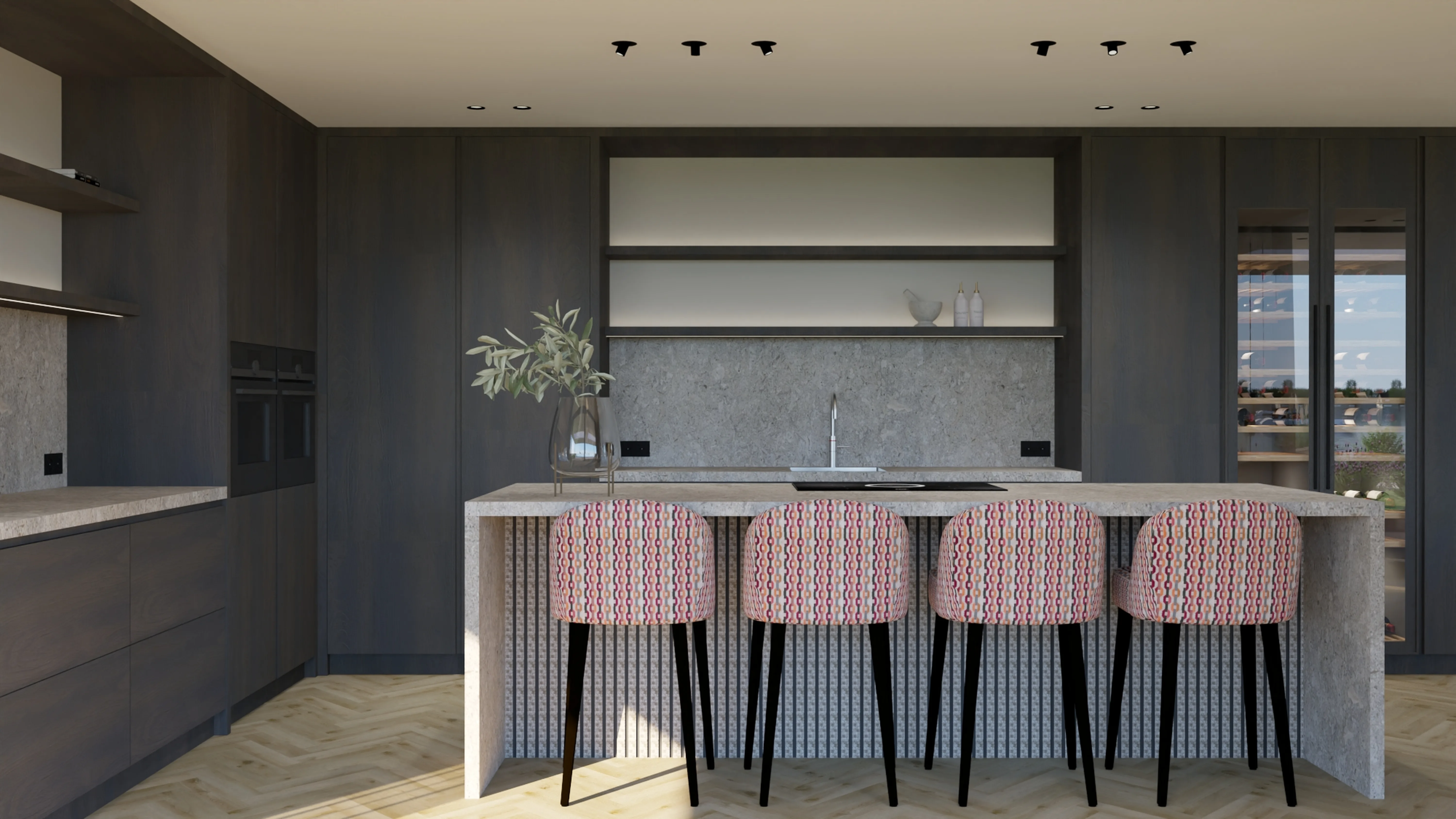 Villa met uitzicht Reeuwijk - Moderne keuken met kookeiland, roze gestoffeerde barstoelen en visgraat vloer