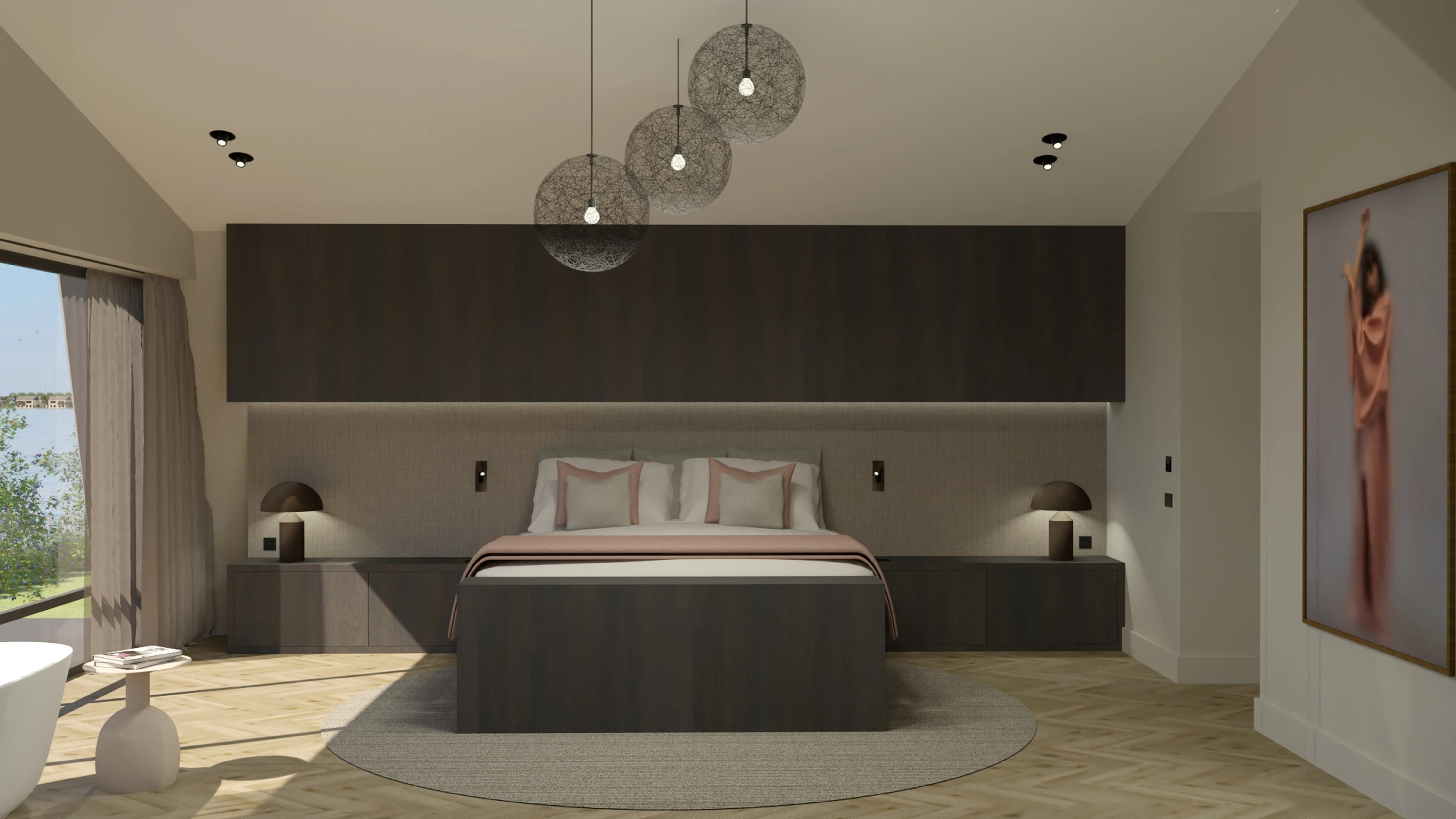 Villa met uitzicht Reeuwijk - Slaapkamer met donker hoofdeinde, hanglampen en roze accenten