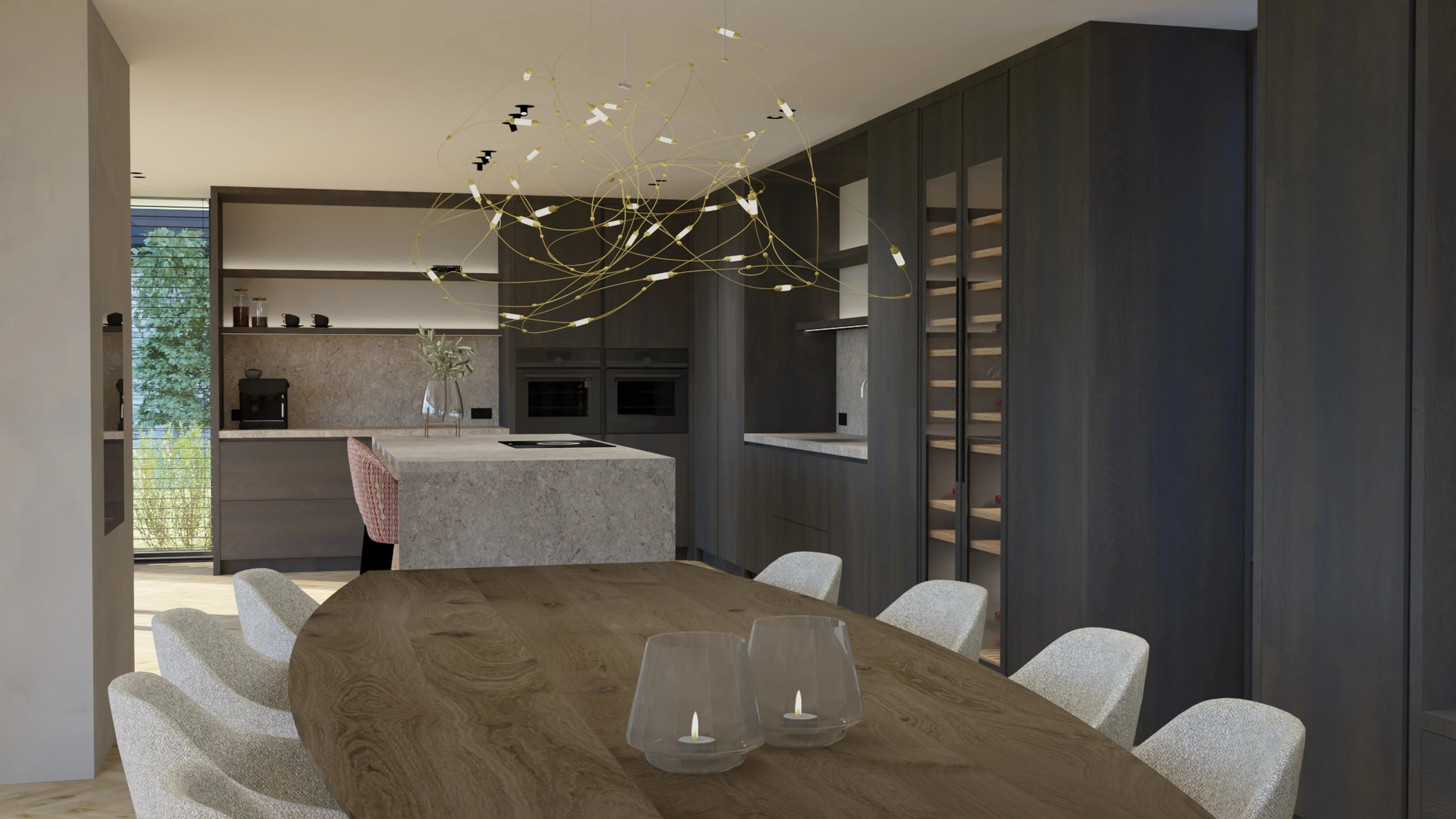 Villa met uitzicht Reeuwijk - Keuken en eetkamer met statement verlichting en ronde houten eettafel