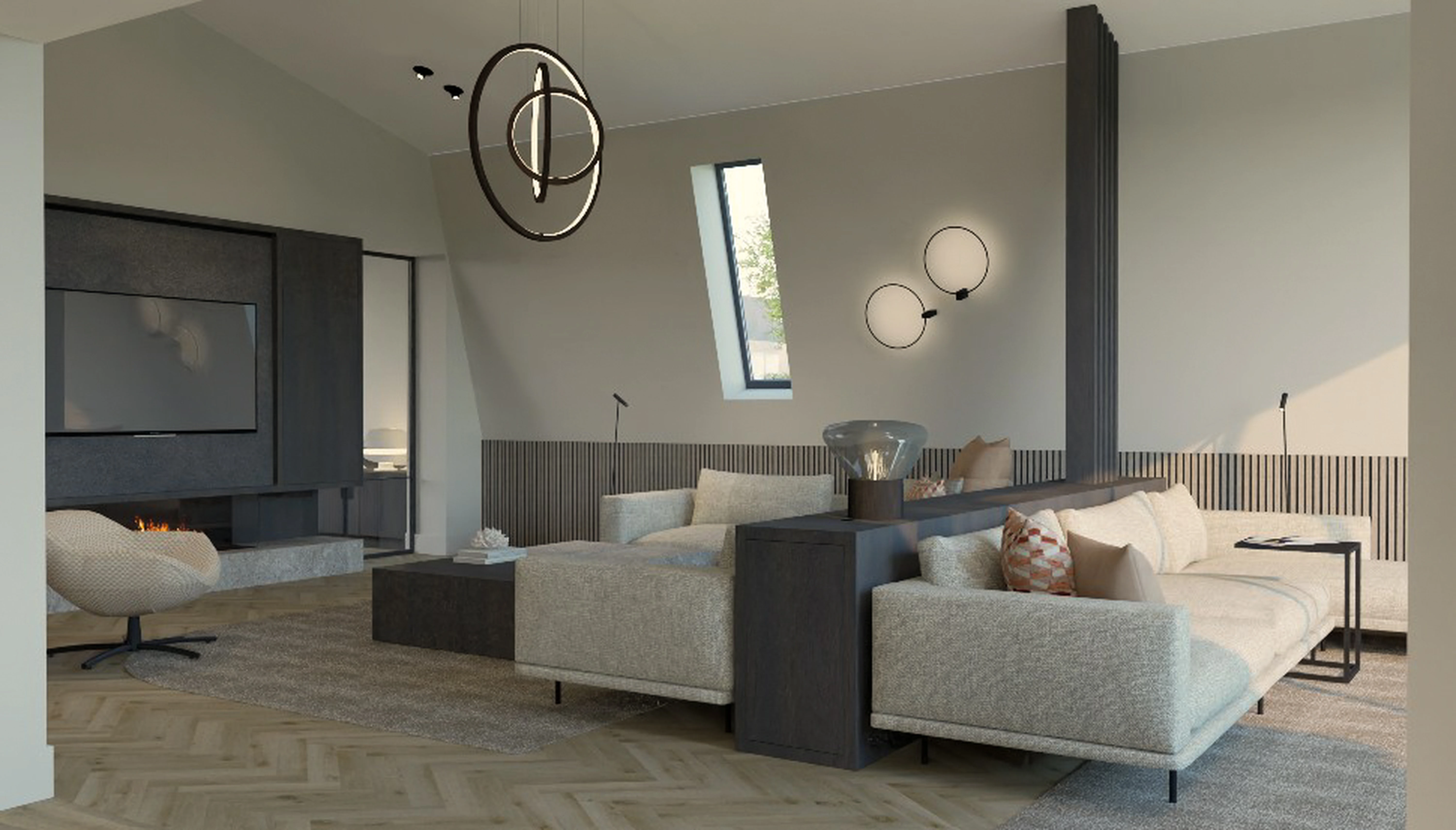 Villa met uitzicht Reeuwijk - Lounge met open haard, schuin plafond met dakraam en decoratieve wandkunst