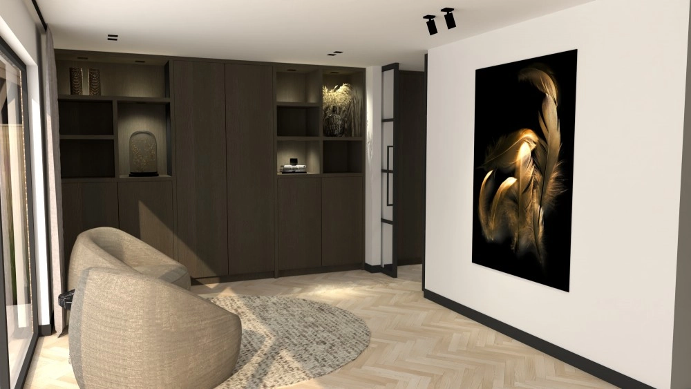 Vrijstaand wonen Rotterdam - Zithoek met curved bank en gouden veren kunstwerk