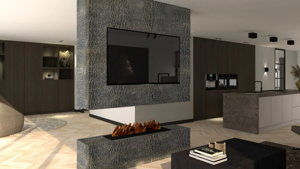 Vrijstaand wonen Rotterdam - Woonkamer met croco textuur haard en open keuken