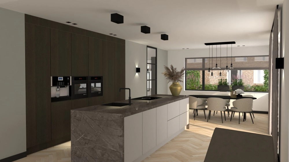 Vrijstaand wonen Rotterdam - Keuken met marmeren eiland en eethoek met tuinzicht