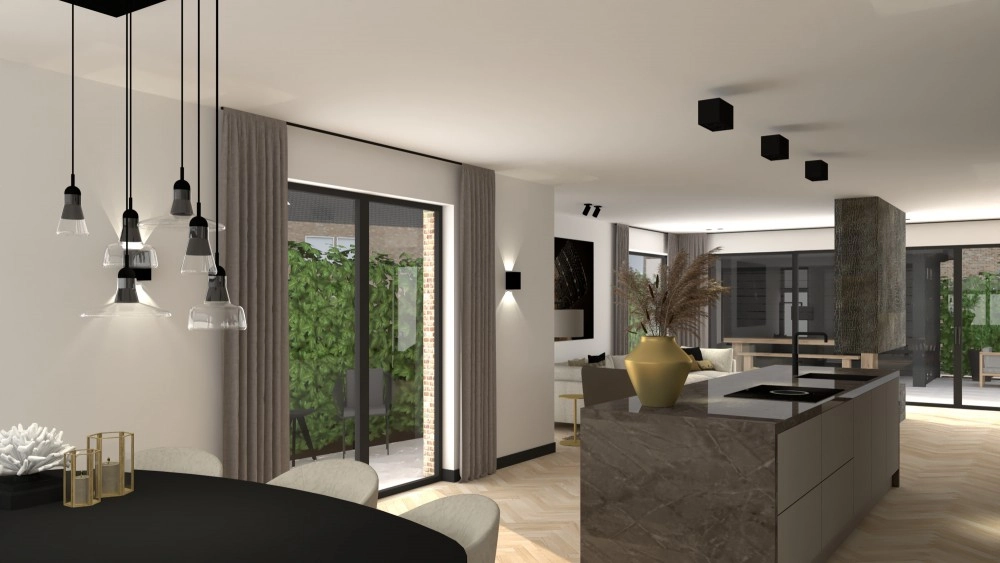 Vrijstaand wonen Rotterdam - Eethoek met cluster hanglampen en kookeiland